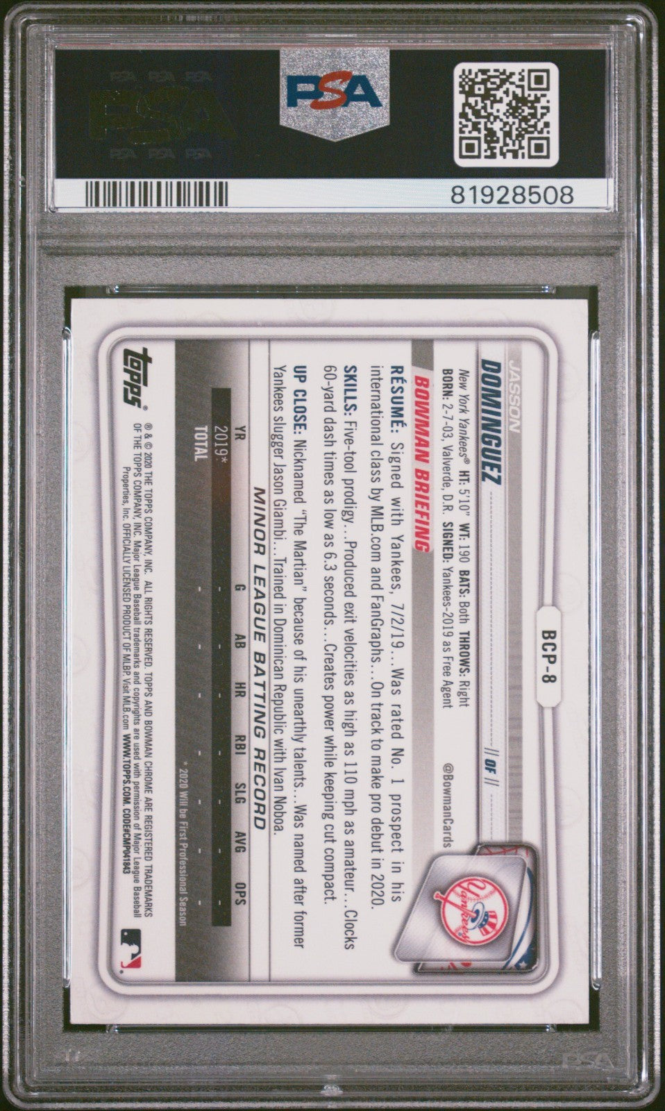 2020 Bowman Chrome Jasson Dominguez Sapphire Edition PSA 10 #BCP8 Yankees 1st