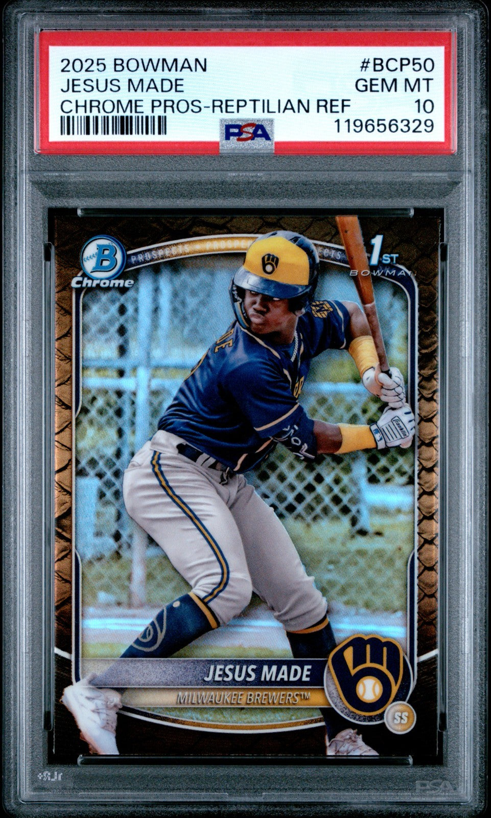 Jesus Made 2025 Bowman Chrome #BCP-50 Reptilian Refractor 1st RC PSA 10 Gem Mint