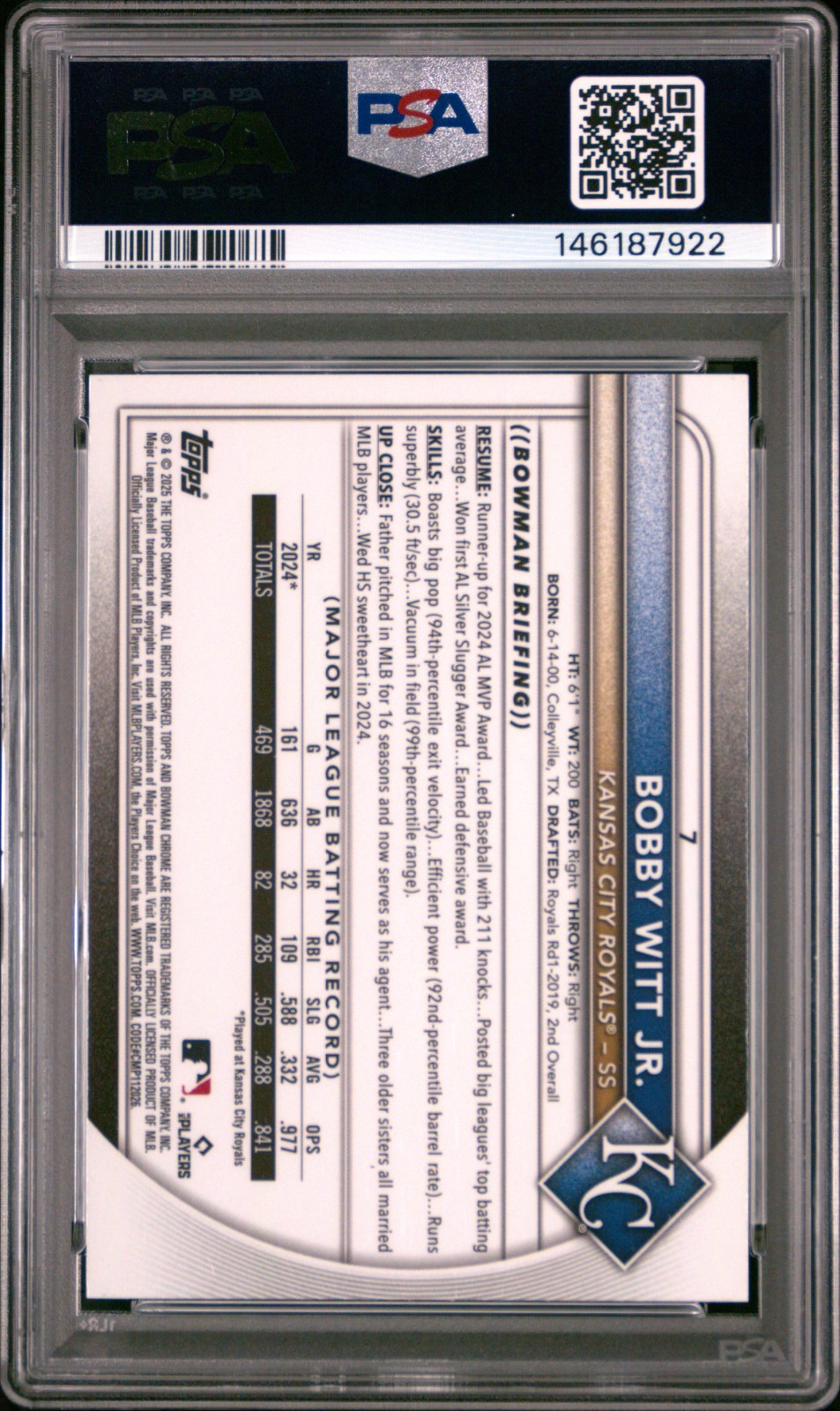 2025 Bowman Chrome - Bobby Witt Jr. #7 Purple Geometric PSA 10 /250 POP 4!