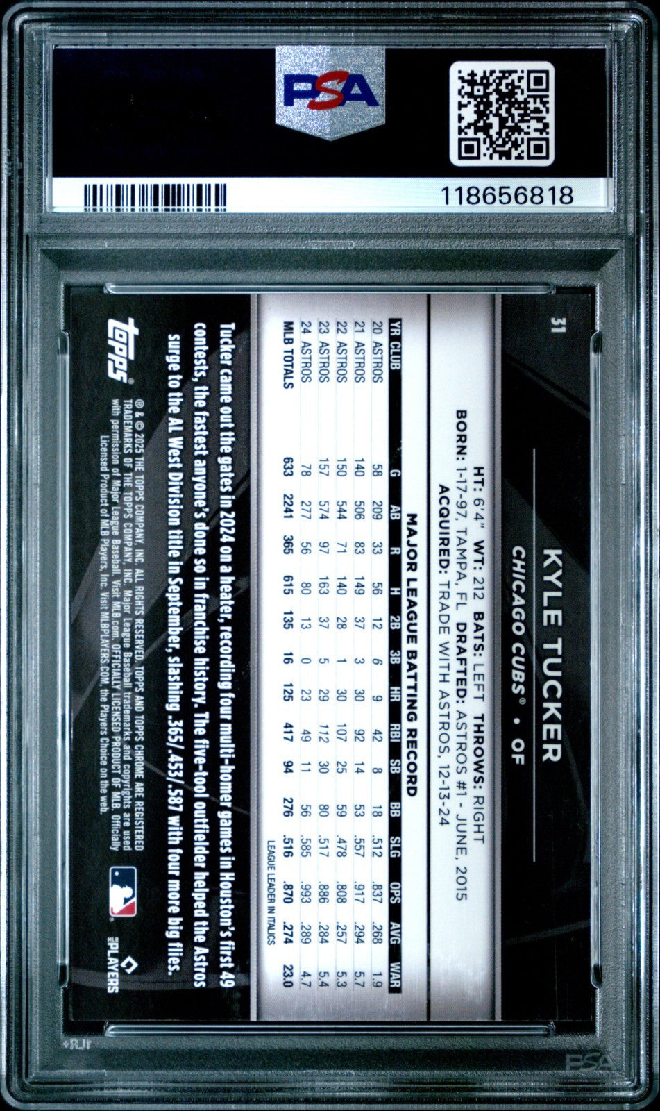 2025 Topps Chrome Black - Kyle Tucker #31 Gold Refractor /50 PSA 10 POP 1