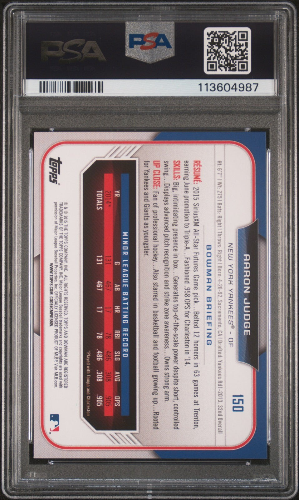 2015 Bowman Draft Aaron Judge #150 PSA 10 (RC)