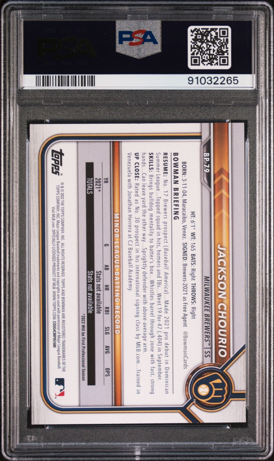 2022 Bowman Prospects Jackson Chourio #BP-79 PSA 10 GEM MT QTY