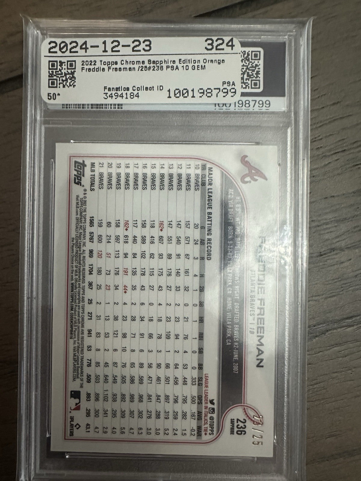 2022 Topps Chrome Sapphire Edition Orange - Freddie Freeman #236 PSA 10 POP 2