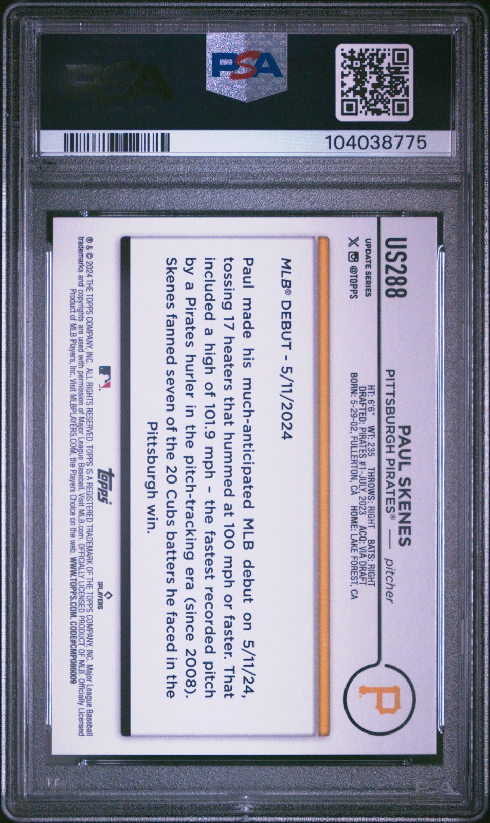 2024 Topps Update Series - Rookie Debut Paul Skenes #US288 (RC) PSA 10