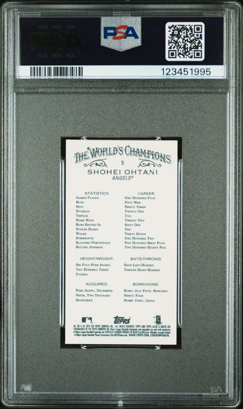 2019 Topps Allen & Ginter - Shohei Ohtani #5 Mini PSA 10