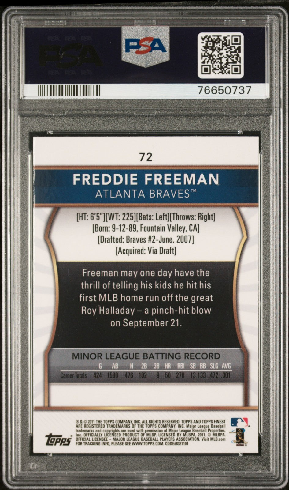 Freddie Freeman - 2011 - Finest - #72 - PSA 10