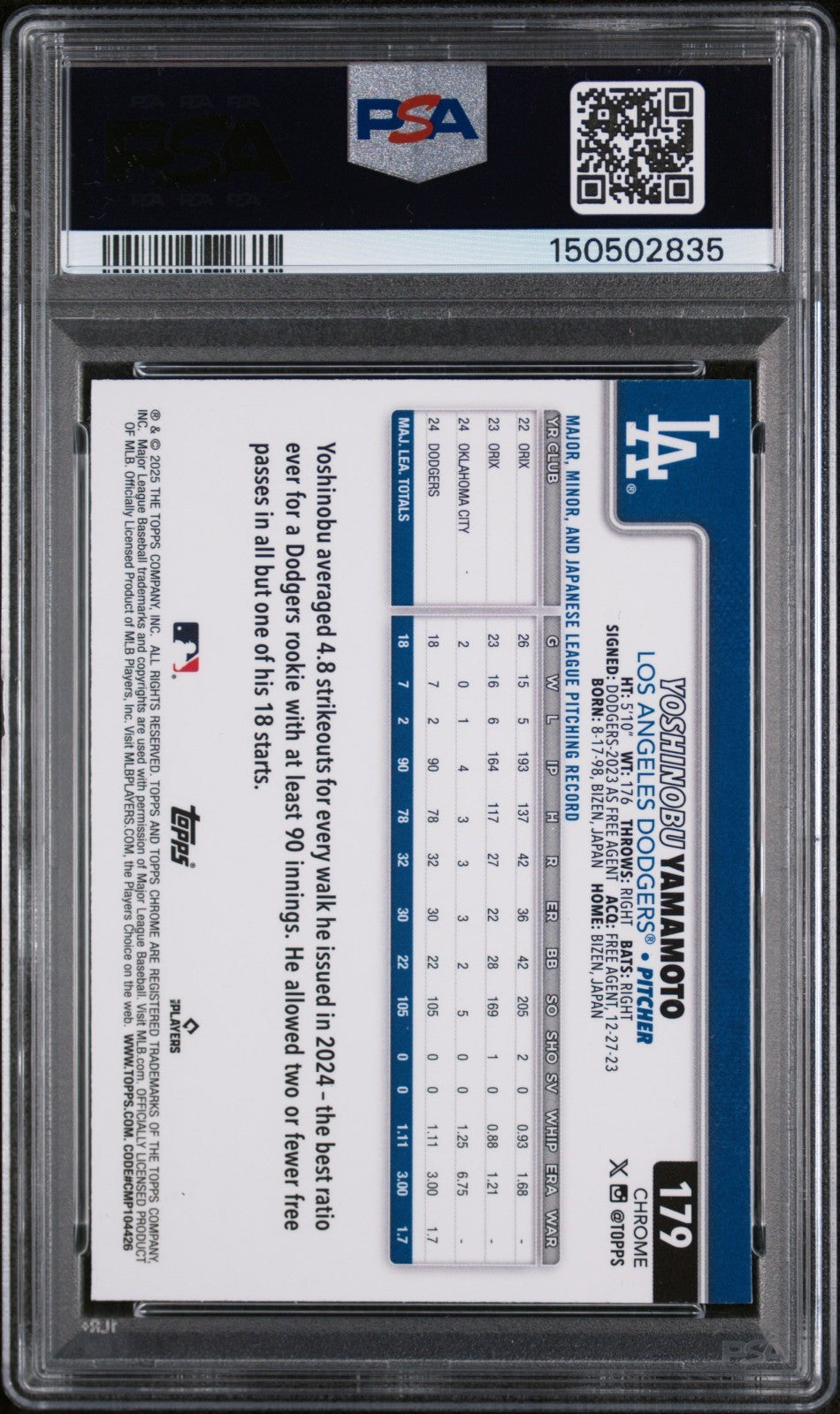 2025 Topps Chrome - Yoshinobu Yamamoto #179 RayWave Refractor PSA 10 POP 9!