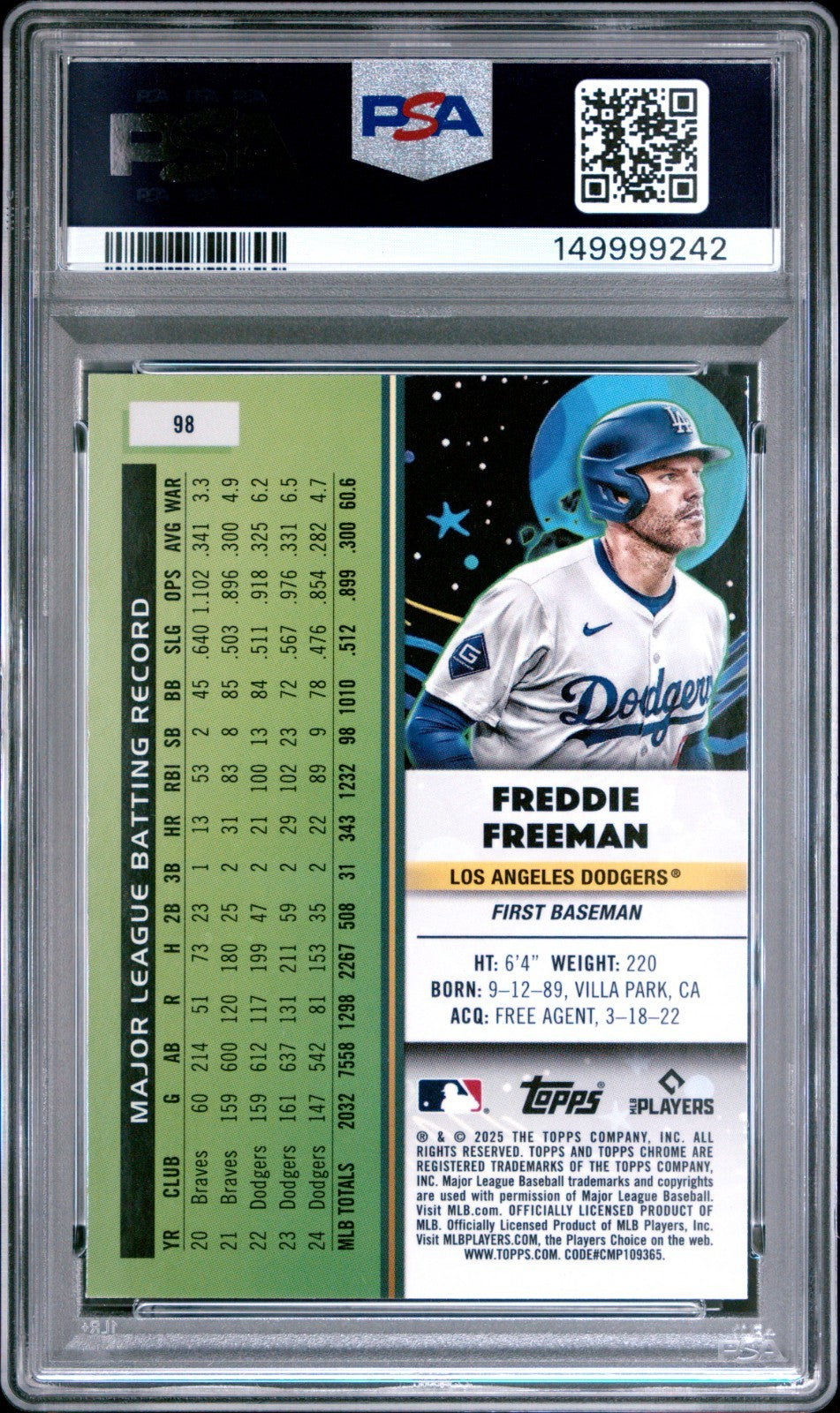2025 Topps Cosmic Chrome - Freddie Freeman #98 Green Space Dust /75 POP 2!