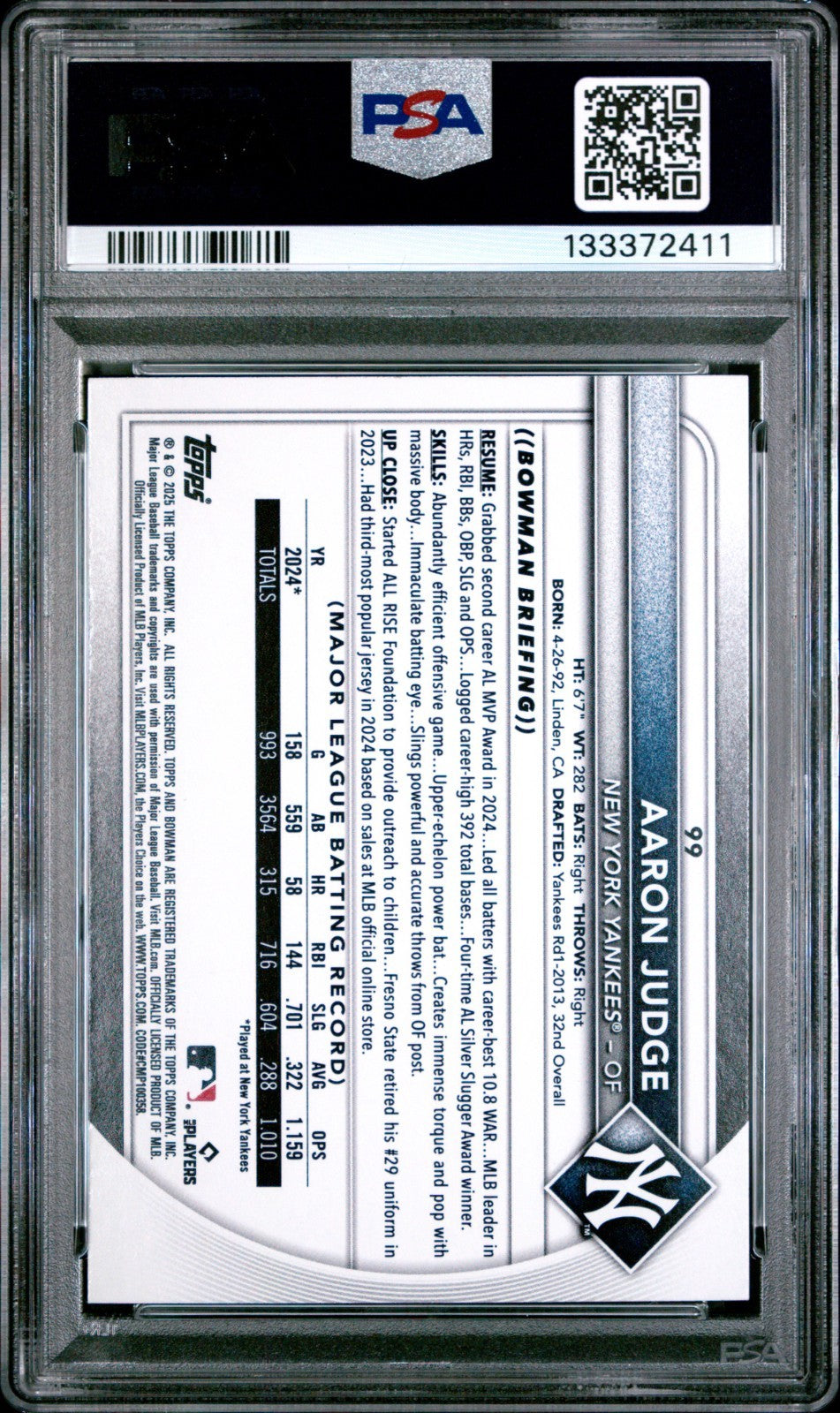 Aaron Judge 2025 Bowman Yellow /75 PSA 10 POP 4!