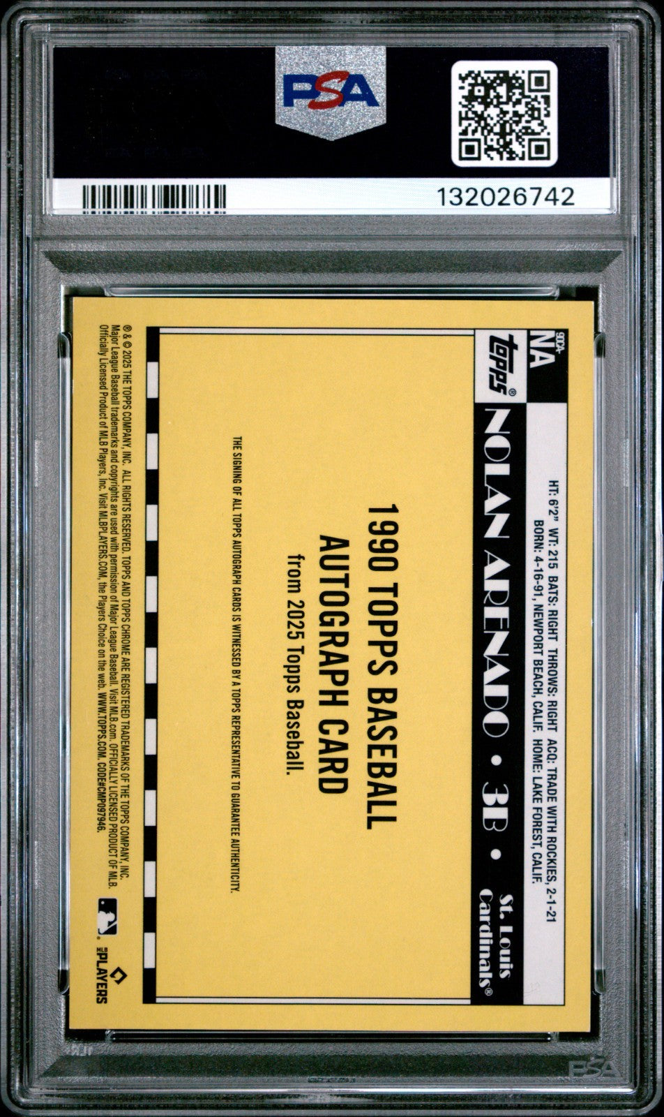 2025 Topps Silver Pack 1990 Autograph-Black Nolan Arenado #NA  / 10 PSA 10!