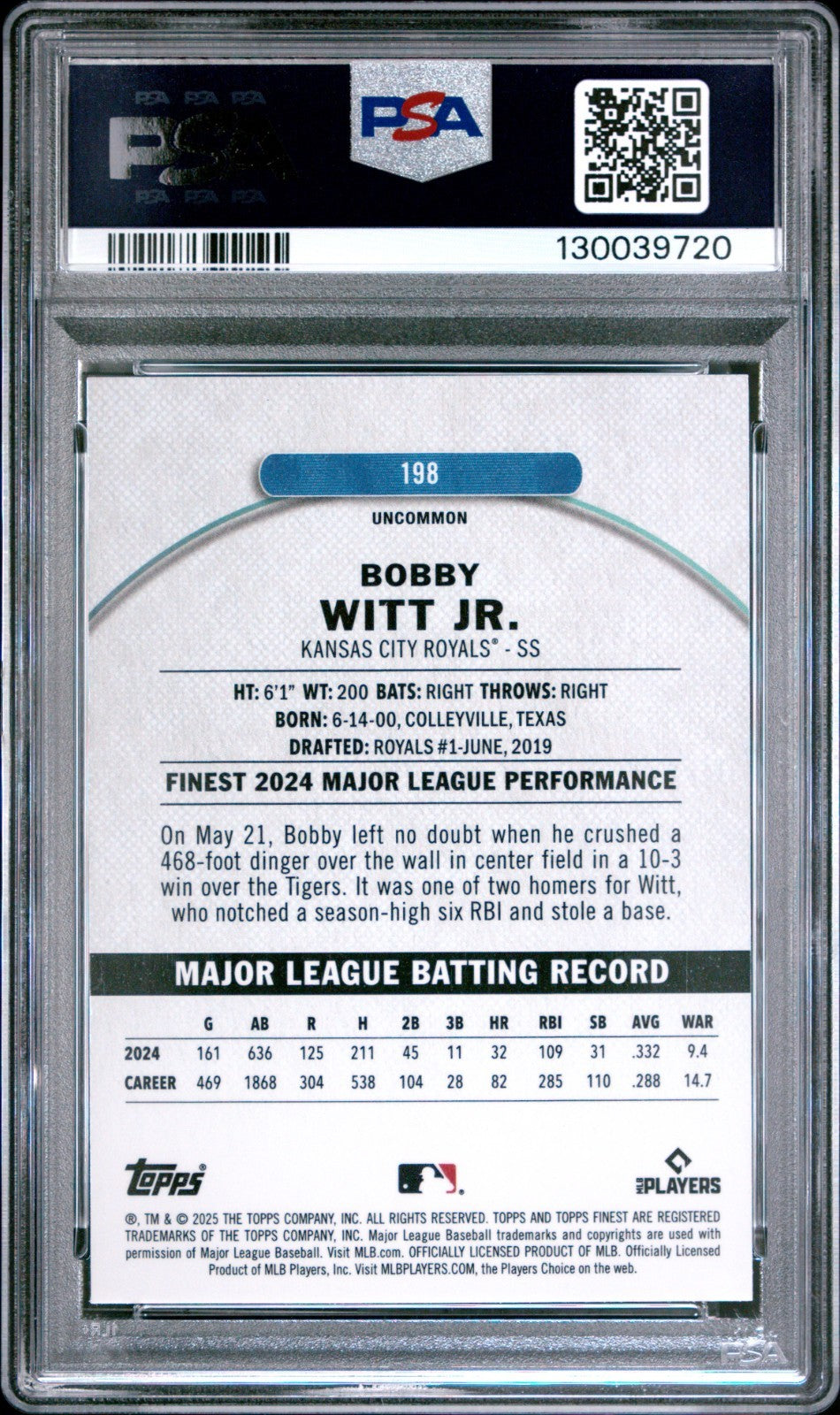 2025 Topps Finest - Uncommon Bobby Witt Jr. #198 Purple Refractor /200 PSA 10