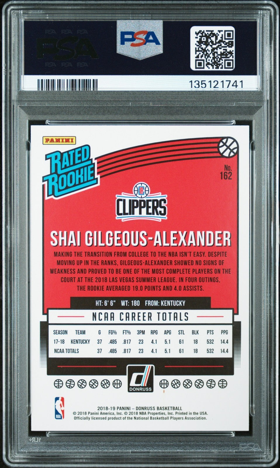 2018-19 Panini Donruss Shai Gilgeous-Alexander RC Rated Rookie #162 PSA 10 Gem