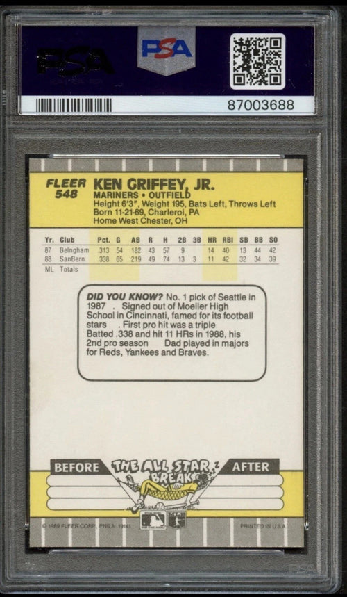 1989 Fleer Ken Griffey Jr Rookie Card RC #548 Seattle Mariners PSA 10!