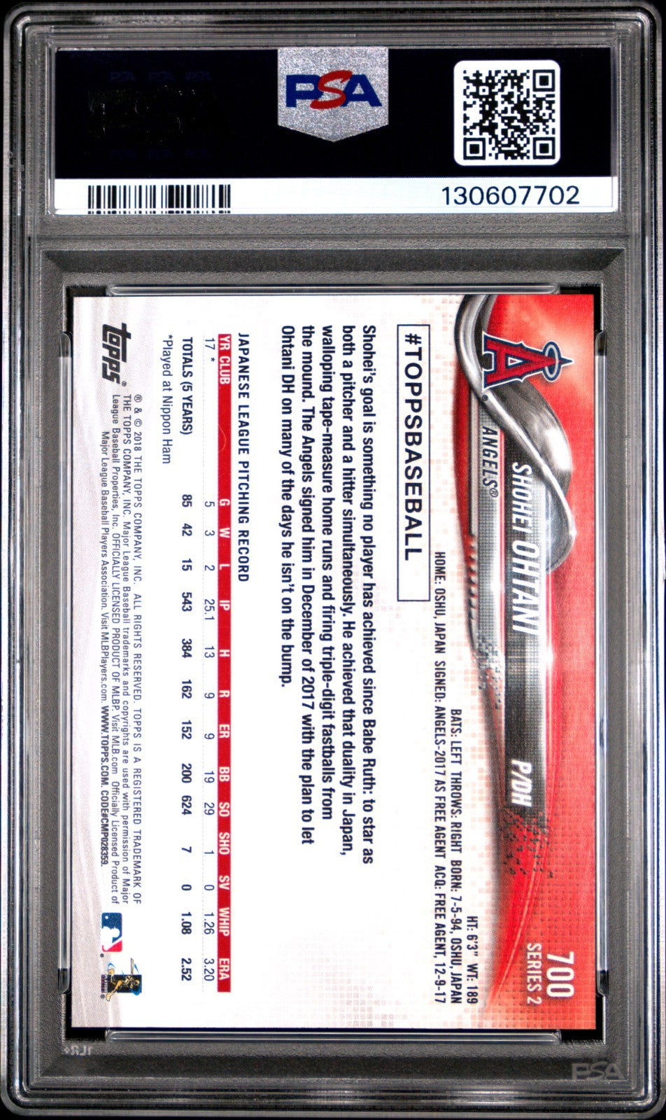 Shohei Ohtani Rookie 2018 Topps #700 Pitching RC Los Angeles Dodgers MLB PSA 10