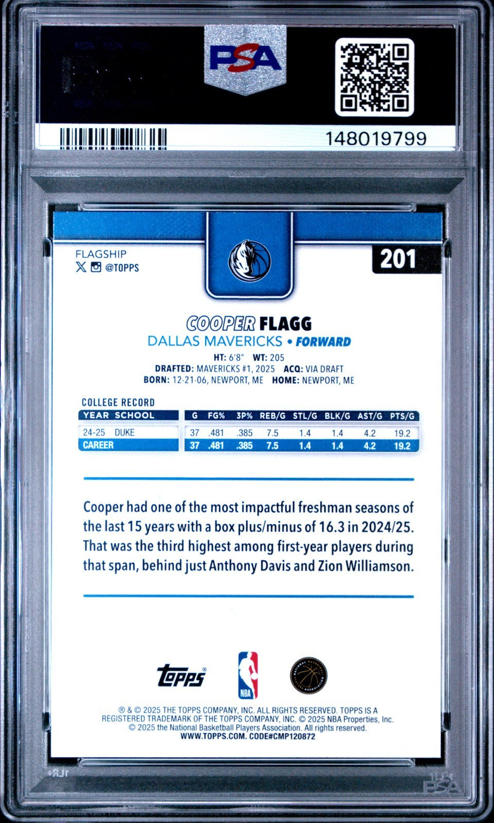 Freshly Graded 2025-26 Topps - Cooper Flagg #201 (RC) PSA 10